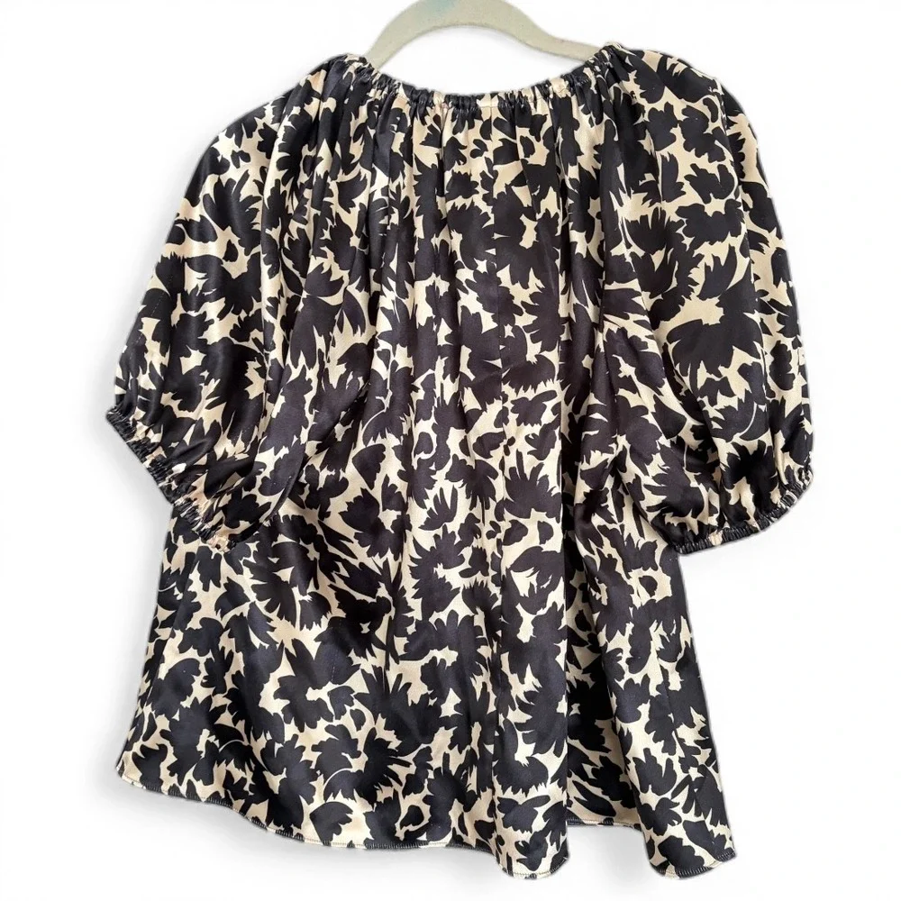 Ulla Johnson Neema Satin Blouse Top Black‎ Cream Floral Satin Puff Sleeve XS